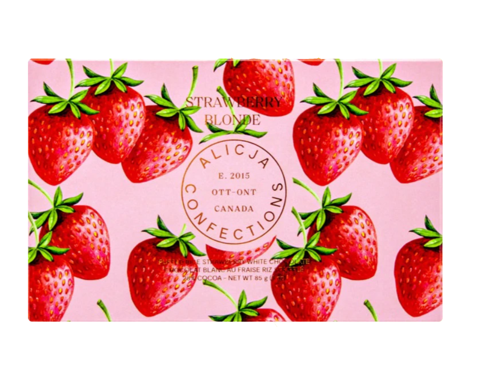 Alicja Confections Strawberry Blonde Puffed Rice and Strawberry 28% White Chocolate